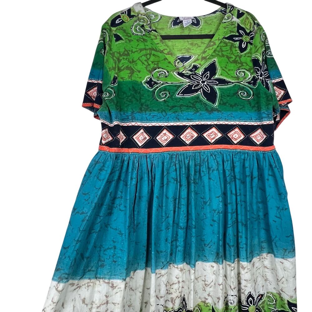 Only Necessities Maxi Dress Women's Blue Green Boho Mumu Cotton Dress 1X - Picture 6 of 11